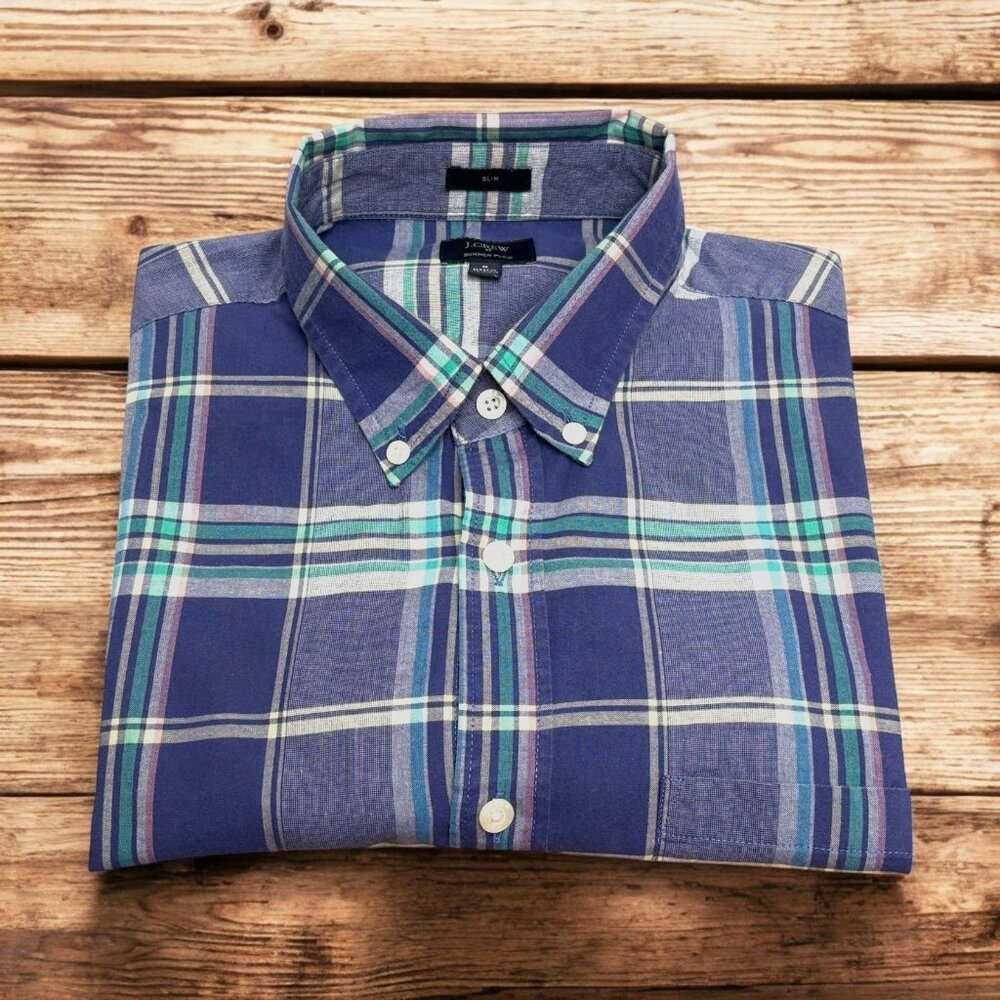 J CREW Blue Summer Plaid Button‎ Collar Long Sleeve Slim Fit Shirt